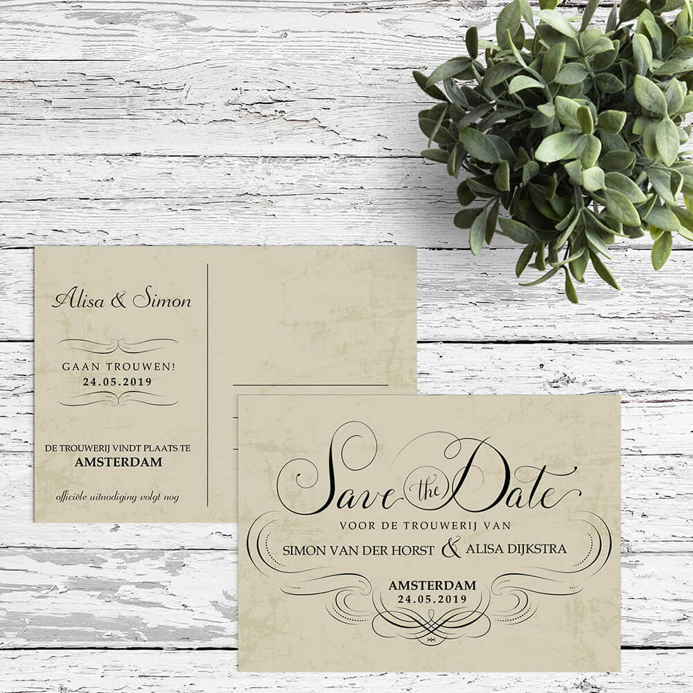 Elegante trouwkaart met bijpassende save the date kaart