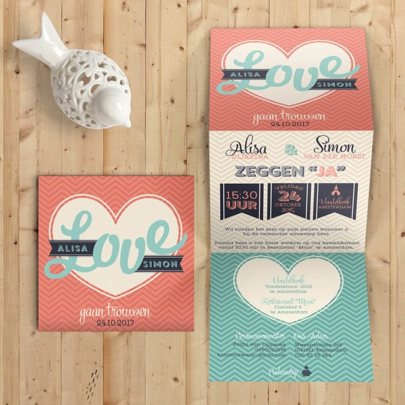 Deze bijzondere trouwkaart is tot in detail vormgegeven; modern en eigentijds, trouwkaart Love maakt een statement. Typografische stijl met als thema love.