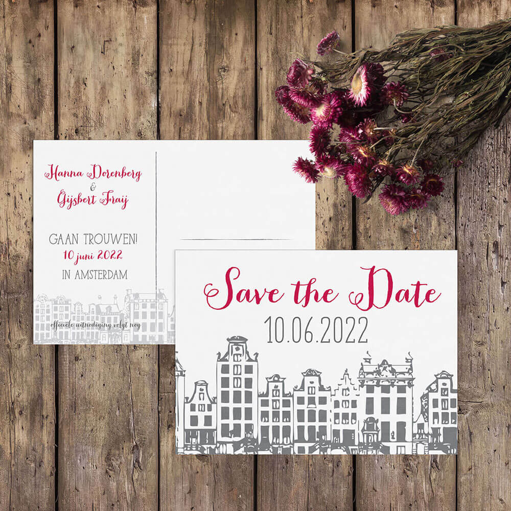 Trouwkaart Amsterdam nu ook als save the date kaartje met zelfde huisjes