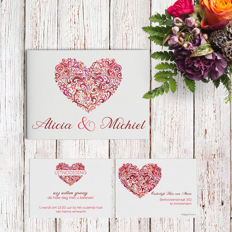 Trouwkaart Hart met een bijpassende inlegvel - klein kaartje voor extra informatie bij de huwelijksuitnodiging