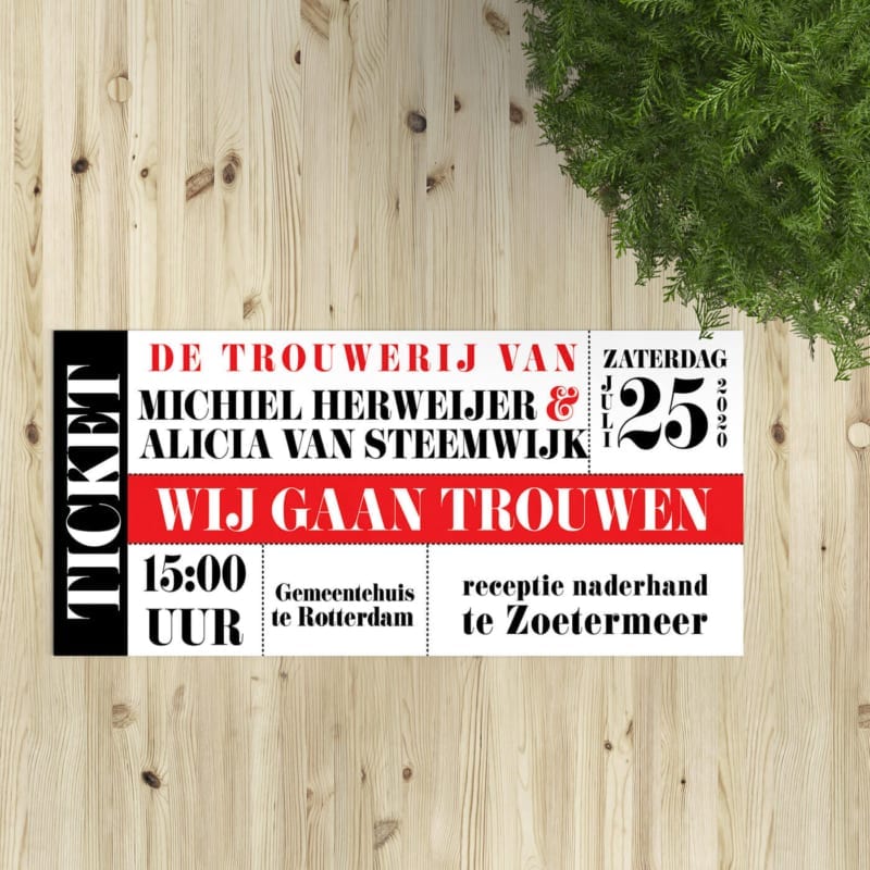 Trouwkaart Moderne Toegangskaart is een hip en strak kaartje in het stramien van een ticket. Lijkt op toegangskaart voor een theaterproductie of concert.