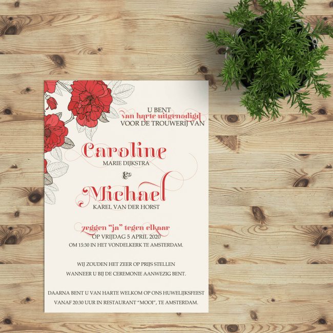 Trouwkaart Rode Bloemen is een klassiek ontwerp met helderrode bloemen, getekende blaadjes, en een mooie typografische vormgeving.