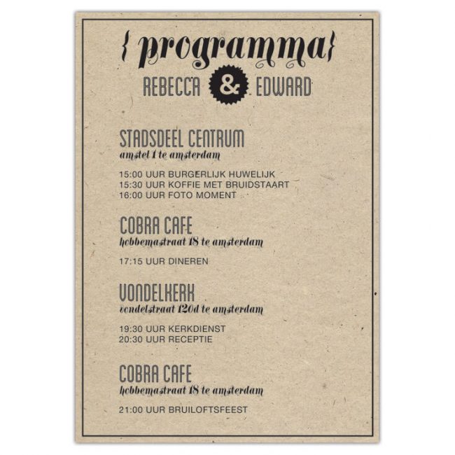 Dagprogrammakaart Hipster Retro wordt net als de gelijknamige trouwkaart gedrukt op gerecycled kraftpapier. Mooie fonts, retro uitstraling.