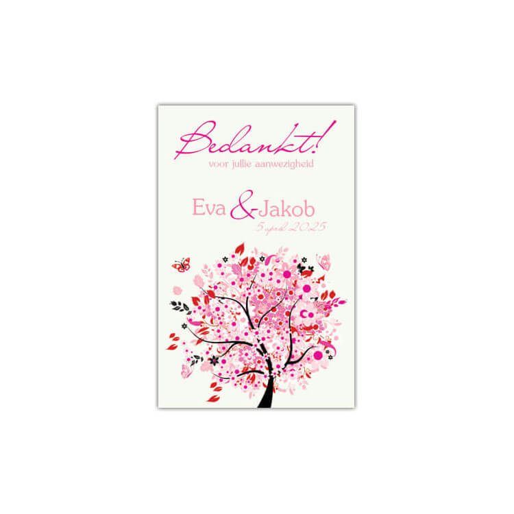 Bedankje Roze Boom van Geluk is een leuk geïllustreerd kaartje met een vrolijke boom in roze tinten, voor bij een bedankje.