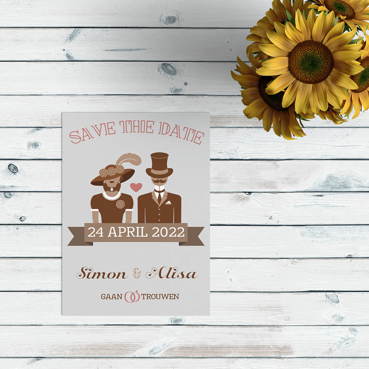 Bij save the date kaart Modern/Vintage Bruidspaar staat een super leuk en super retro bruidspaar centraal in het ontwerp. Bijpassende retro kleuren.