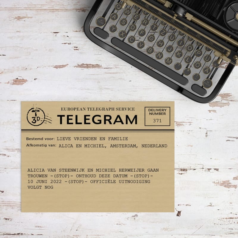 Save the date kaart Telegram lijkt op authentieke, hele oude telegrammen. Humoristische tekst.
