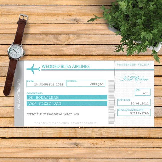 Save the date kaart Vliegtuigticket is een modern en vrij strak ontwerp. Als concept is genomen het vliegtuigticket, inclusief allerlei leuke details.