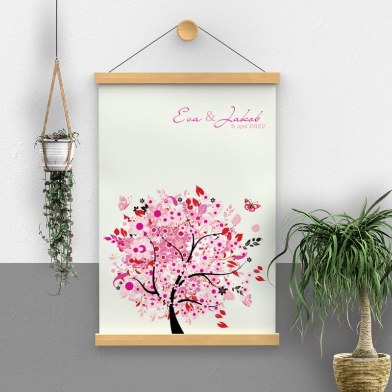 Poster Roze Boom van Geluk is een super vrolijk ontwerp, met een moderne vormgeving en opvallende roze-tinten.