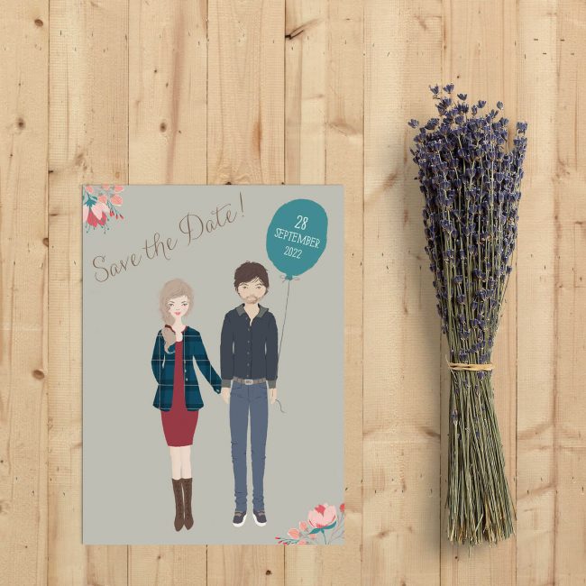 Save the date kaart Bruidspaar met superleuk stelletje dat helemaal te personaliseren is! Het modern-vintage ontwerp sluit goed aan bij de trends.