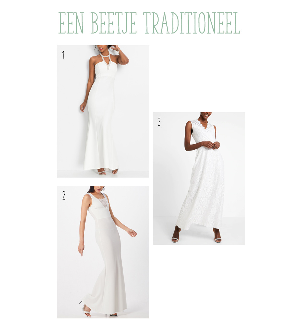 Trouwjurken onder de €50. Ga je trouwen met een klein budget? Kijk dan bij deze trouwjurken voor inspiratie. Traditionele stijl.