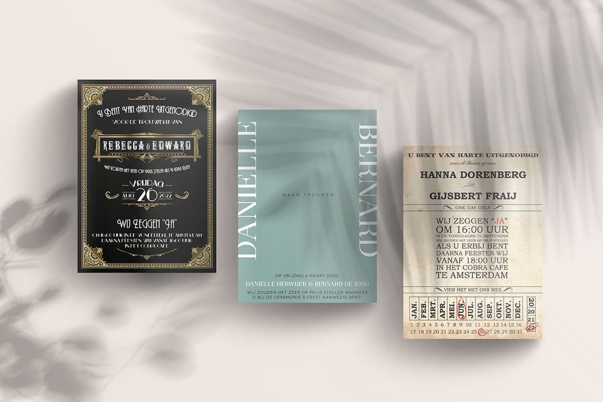 Trouwkaarten in gatsby, ticket en moderne ontwerpstijl. Trouwkaart tekst voorbeelden.