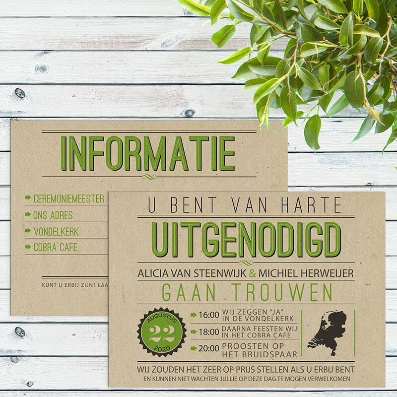 Typografische trouwkaarten op duurzaam paperwise papier.