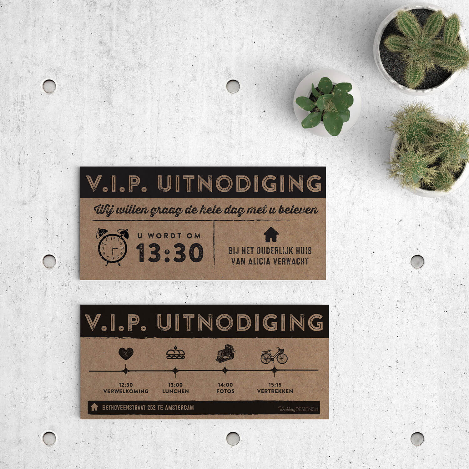 Bijpassend inlegvel ticket--VIP kaart--voor trouwkaart Ticket op kraftpapier. Speciaal voor je daggasten kun je een mooi programma met icoontjes ontwerpen. Voor- en achterkant van het inlegvel.