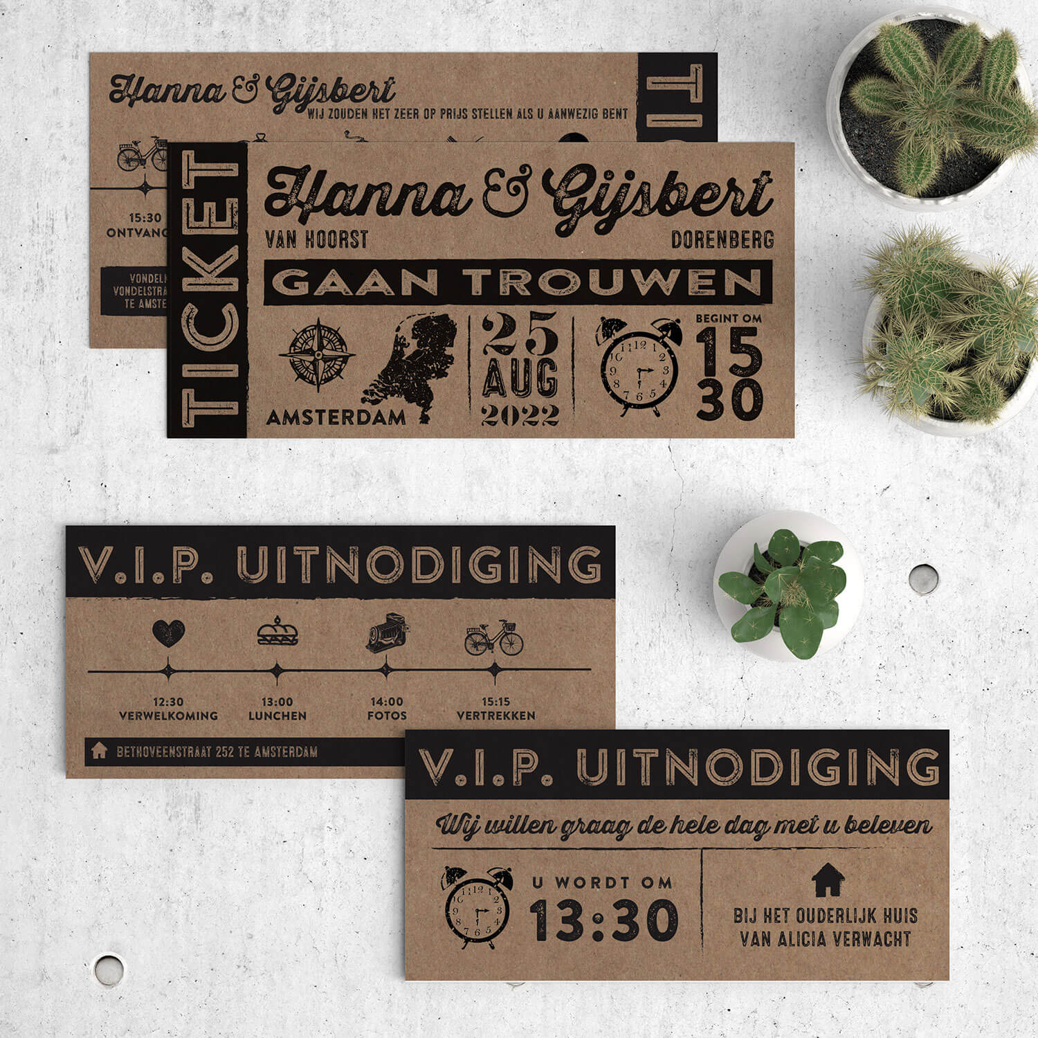 Bijpassend inlegvel ticket--VIP kaart--voor trouwkaart Ticket op kraftpapier. Speciaal voor je daggasten kun je een mooi programma met icoontjes ontwerpen. Voor- en achterkant van het inlegvel, met trouwkaart Ticket op kraftpapier