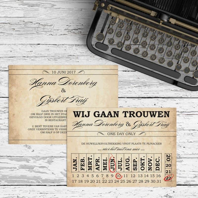 Trouwkaartje Ticket is vormgegeven volgens authentieke oude tickets, om een mooie, vintage stijl en sfeer neer te zetten.