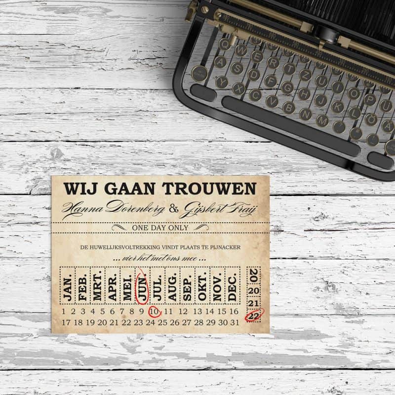 Trouwkaartje Ticket is vormgegeven volgens authentieke oude tickets, om een mooie, vintage stijl en sfeer neer te zetten.