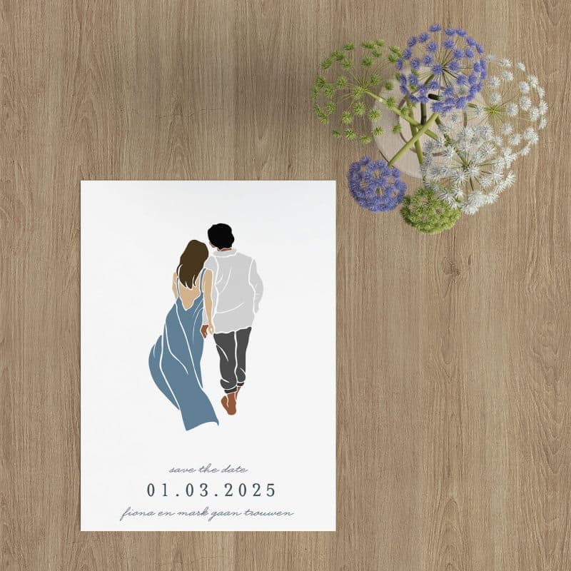 Save the date kaart Abstract Bruidspaar is vormgegeven in een minimalistische, romantische stijl. Het stel loopt langzaam, samen, op weg.